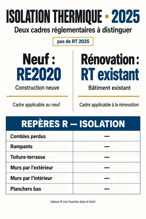 Infographie des normes d'isolation thermique 2025 : RE2020, RT existant et seuils de résistance thermique