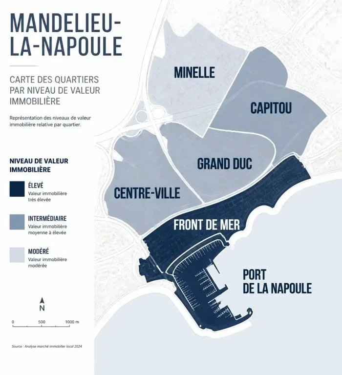Carte des quartiers de Mandelieu-la-Napoule et leur positionnement immobilier