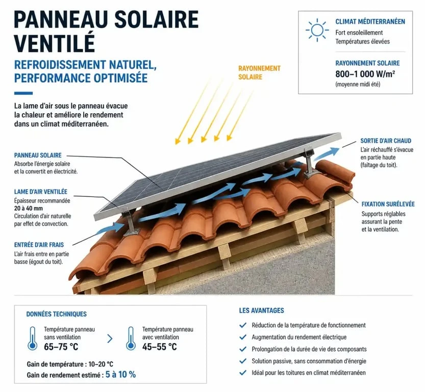 Schéma technique de ventilation sous panneau solaire dans les Alpes-Maritimes pour optimiser le rendement