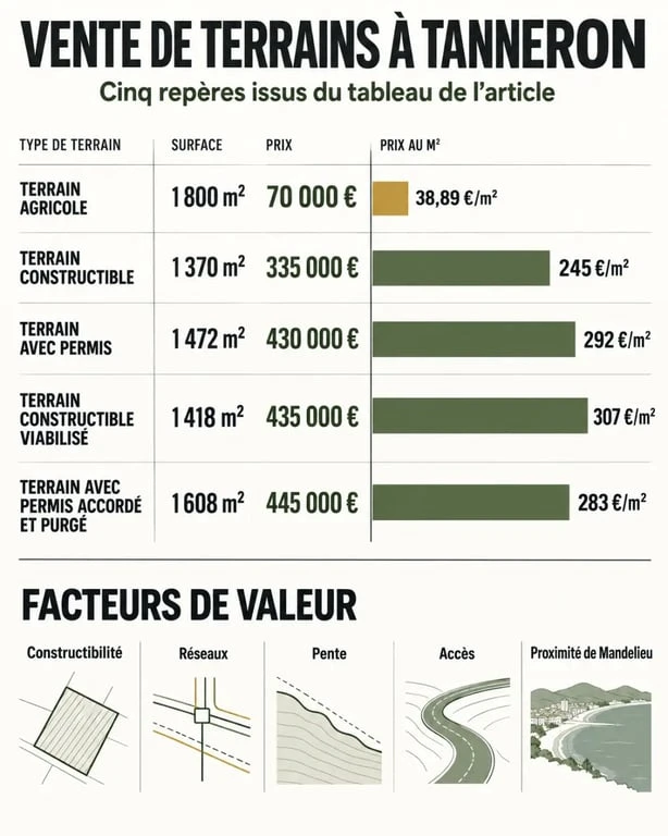 Infographie sur la vente de terrains à Tanneron comparant prix, surfaces et constructibilité