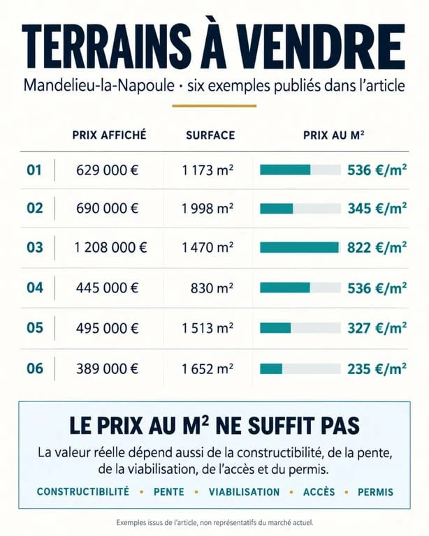 Infographie des terrains à vendre à Mandelieu-la-Napoule avec prix, surfaces et prix au mètre carré