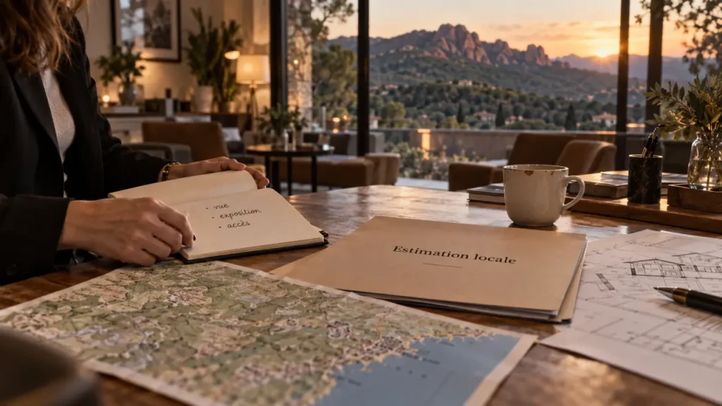 Agence immobiliere les adrets de l esterel : bureau avec plan et dossier d’estimation, suivi local